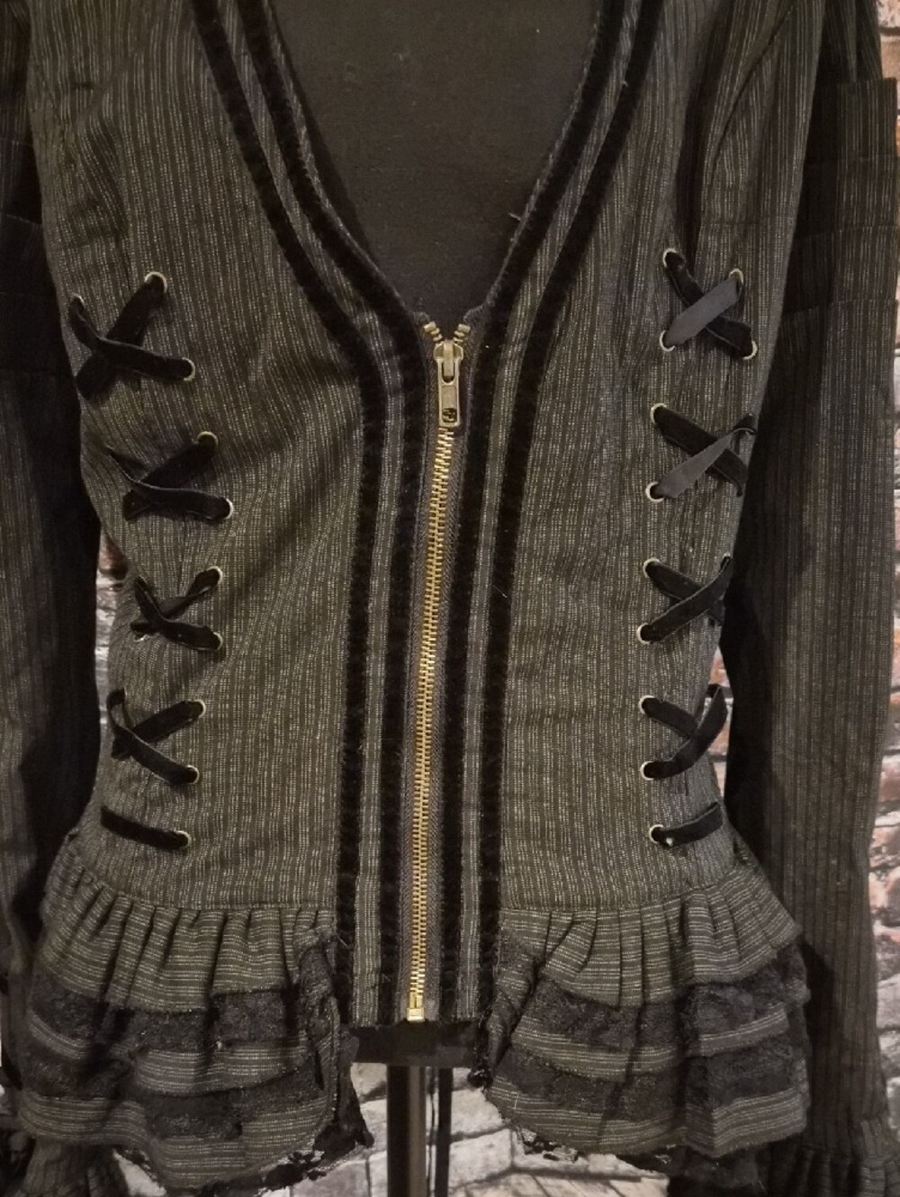 Black Steampunk Pinstripe Ruffled Zip Front Jacket - Picture 3 of 10